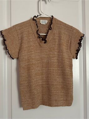 Vintage Tan and Brown Trimmed V-Neck Knit Top